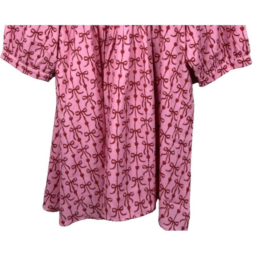 Simply Southern Pink Bow Yoke Babydoll Dress Puff Sleeve Valentine Coquette L - Picture 8 of 13